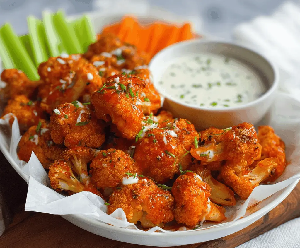 Crispy Air Fryer Buffalo Cauliflower bites served with dipping sauce on a white plate, garnished with fresh herbs, perfect for a spicy vegetarian appetizer or snack