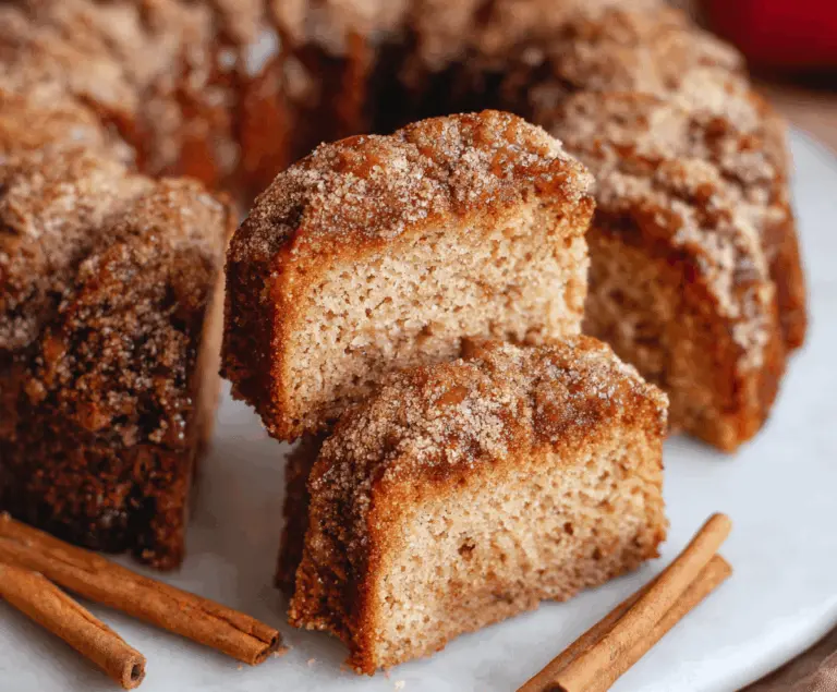 Delicious Apple Cider Donut Snack Cake with cinnamon glaze and apple slices on top, perfect for fall desserts
