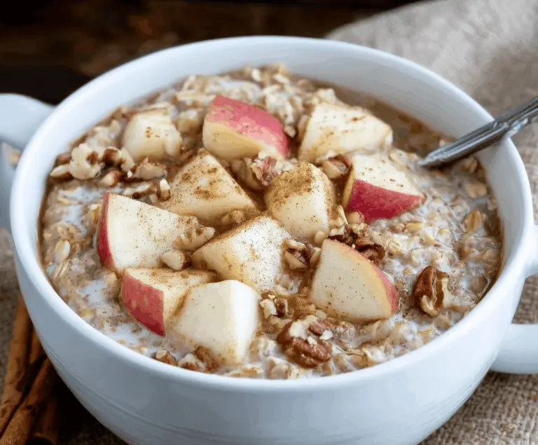 Creamy apple cinnamon oatmeal porridge topped with sliced apples, cinnamon, and a sprinkle of nuts for a warm, healthy breakfast.