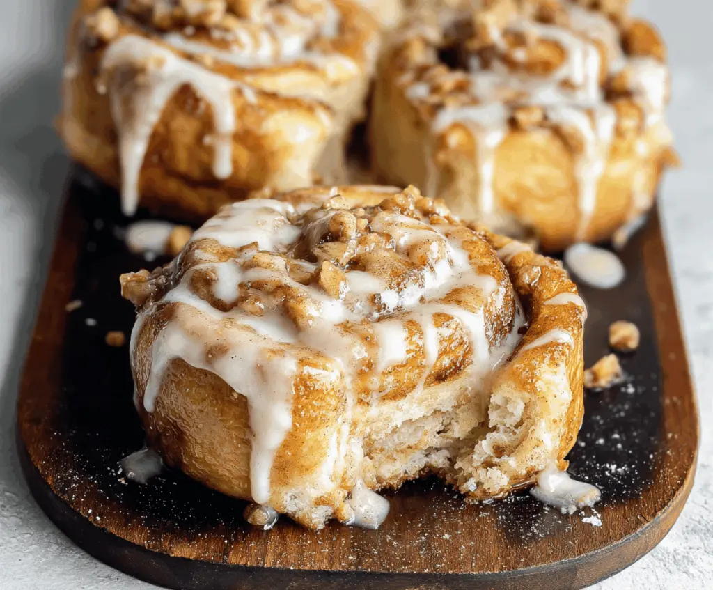 Delicious apple pie stuffed cinnamon rolls topped with icing and cinnamon, perfect for breakfast or dessert.