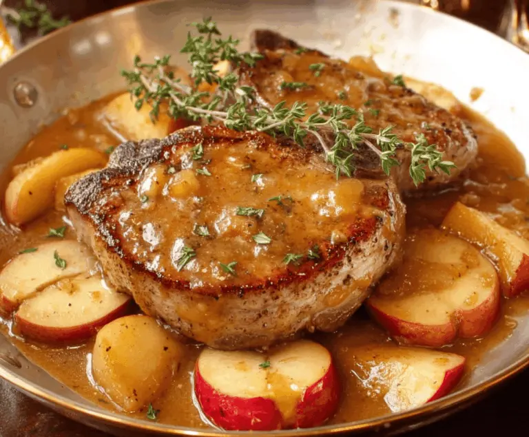 Juicy apple-stuffed pork chops garnished with fresh herbs on a rustic wooden table, perfect for a savory and sweet dinner recipe