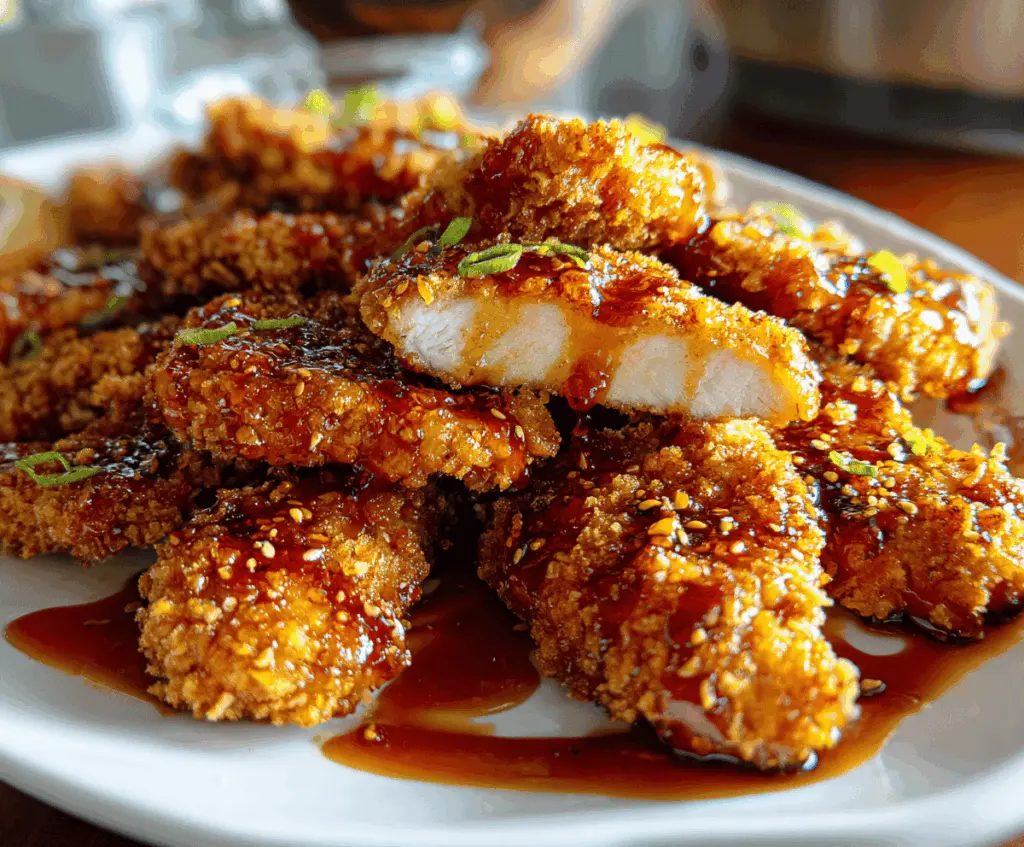 Golden baked crunchy hot honey chicken served on a plate with crispy coating and drizzled with spicy honey glaze, perfect for a flavorful meal.