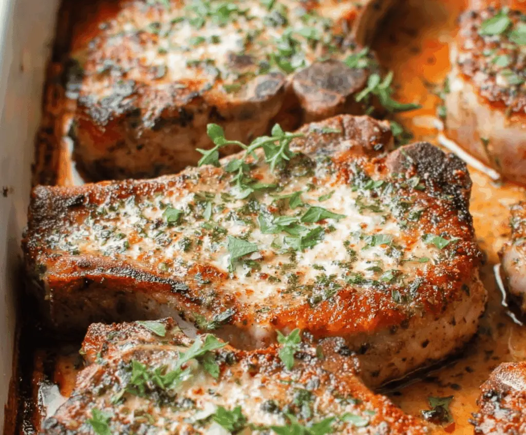 Juicy baked ranch pork chops with crispy golden edges served on a white plate, garnished with fresh herbs and sides for a delicious dinner