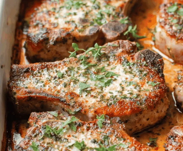 Juicy baked ranch pork chops with crispy golden edges served on a white plate, garnished with fresh herbs and sides for a delicious dinner