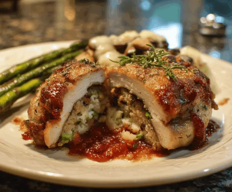 Juicy baked stuffed pork chops filled with savory stuffing, golden brown crust, served on a plate with fresh vegetables.