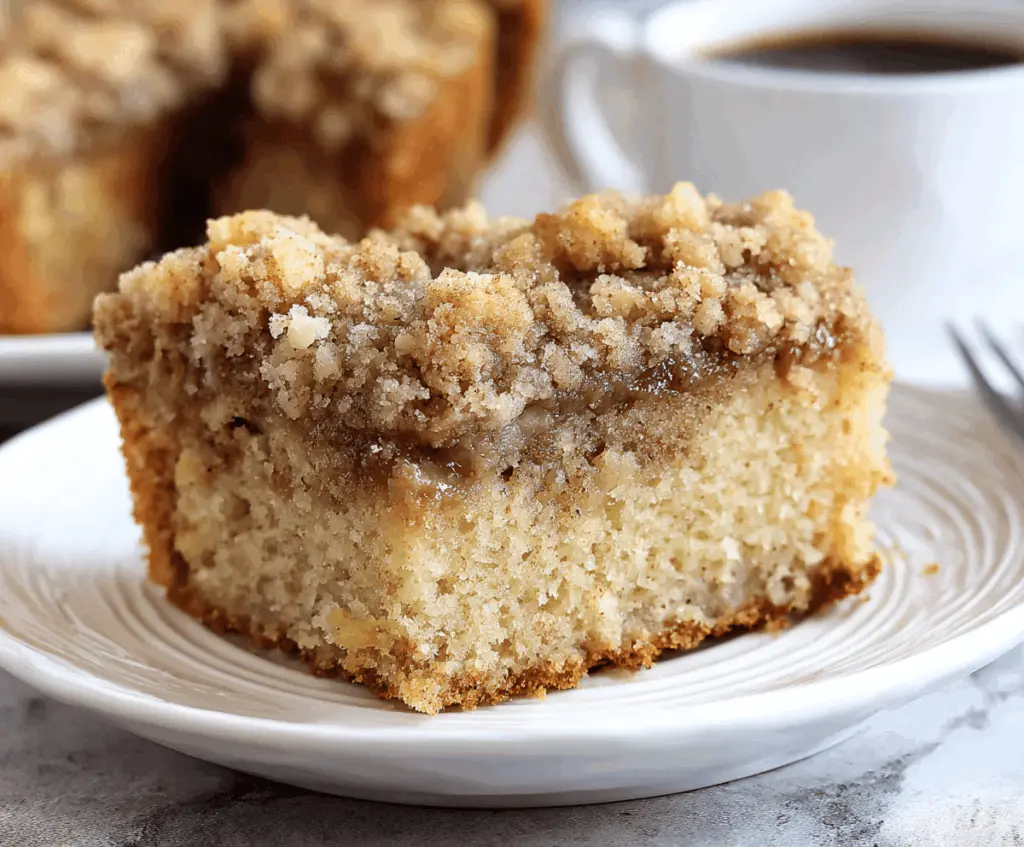 Delicious banana crumb coffee cake with a golden streusel topping, perfect for breakfast or dessert