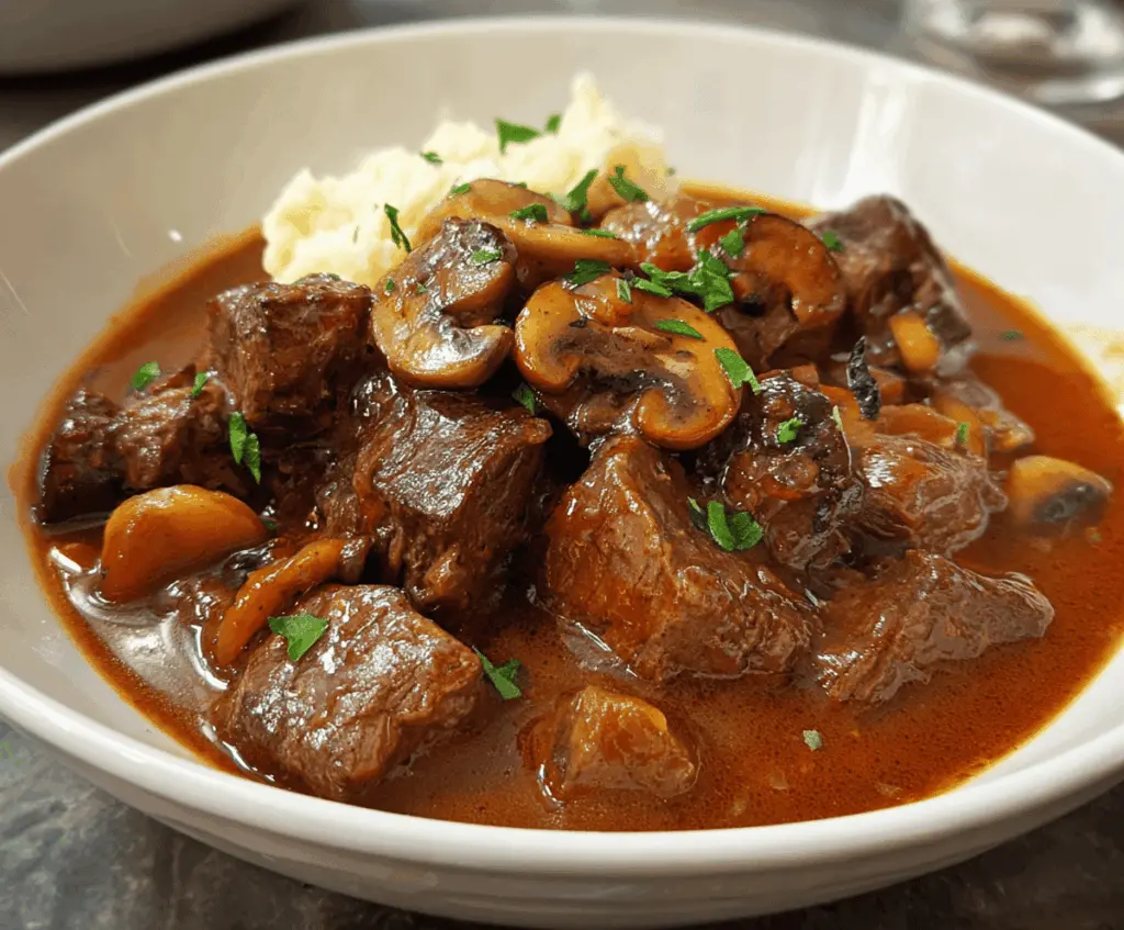 Hearty beef and mushroom stew served in a rustic bowl with fresh herbs, perfect for a comforting meal.