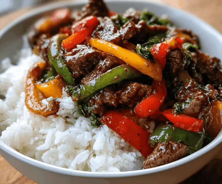 Delicious beef and colorful pepper rice bowl topped with fresh herbs, perfect for a flavorful and satisfying meal.
