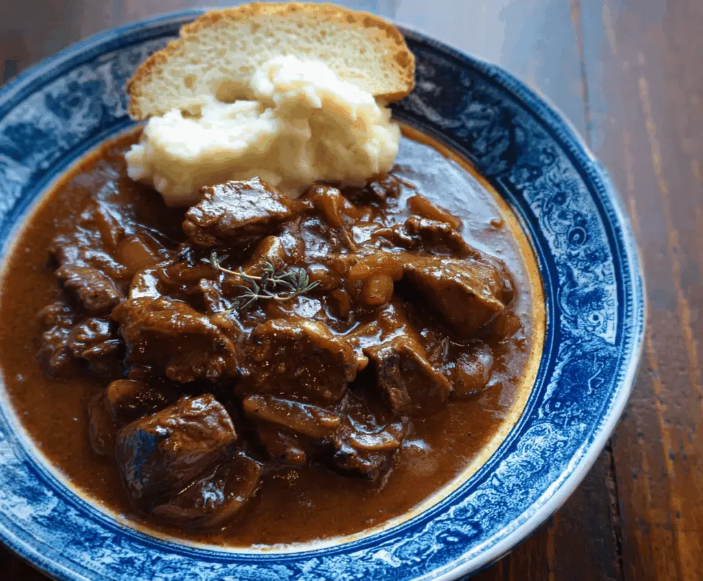 Hearty Beef Carbonnade Stew with tender beef chunks, caramelized onions, and rich gravy served in a rustic bowl