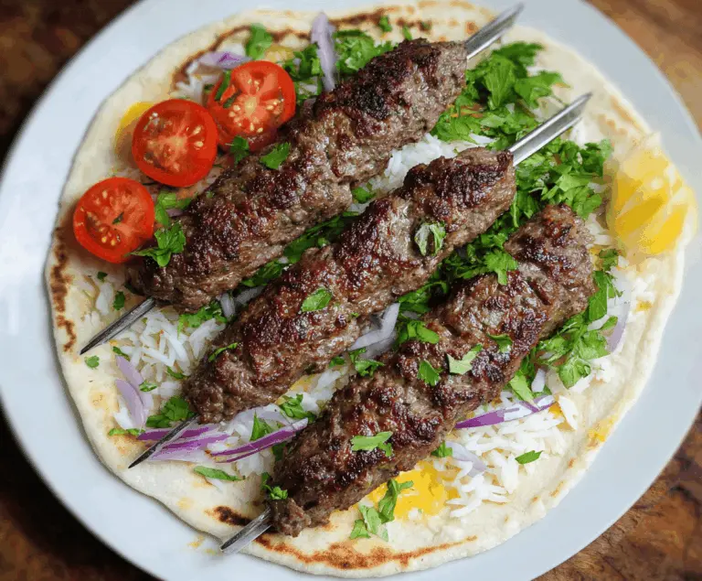Juicy Beef Kafta Kebabs grilled to perfection with fresh herbs and spices, served with vegetables and dipping sauce.