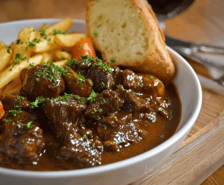 Delicious Belgian-style slow-cooked beef stew with tender meat, vegetables, and rich gravy served in a rustic bowl.