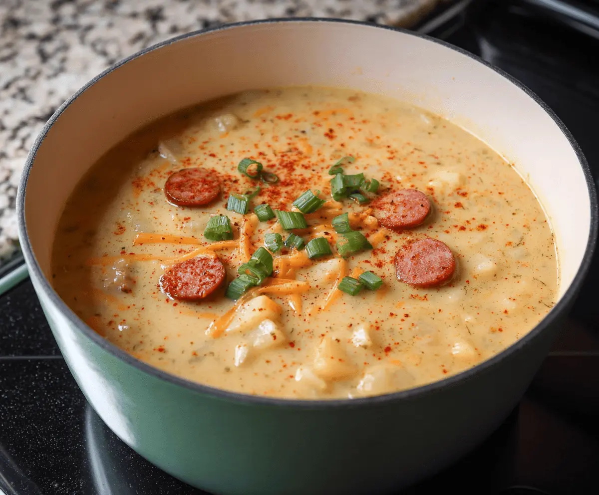 Cajun Potato Soup Recipe by Every Bite Tells Cajun Potato Soup in a rustic bowl with sausage and green onions
