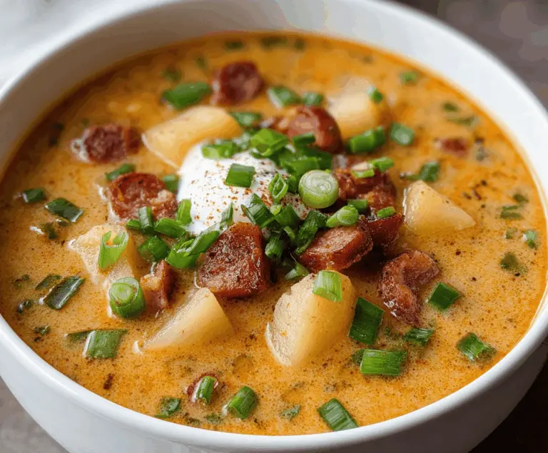 Creamy Cajun Potato Soup with spicy seasoning, topped with fresh herbs and served in a rustic bowl.