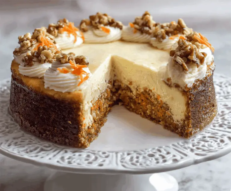 Delicious carrot cake cheesecake topped with cream cheese frosting and decorated with grated carrots and walnuts, ready to serve.