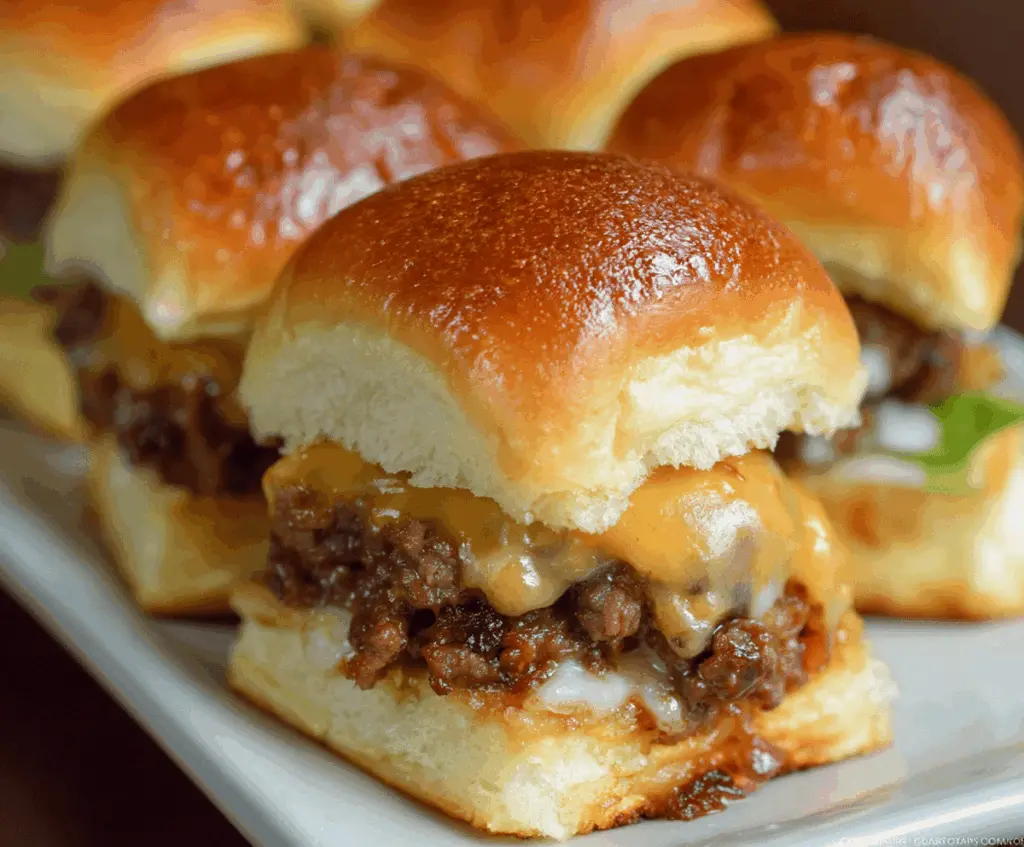 Delicious cheeseburger sliders with melted cheese, lettuce, and sesame seed buns ready to serve