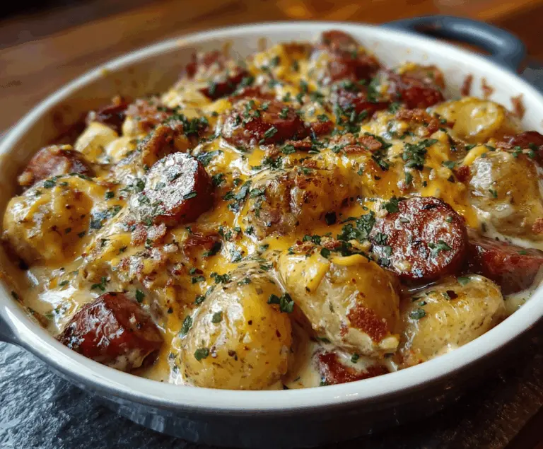Creamy cheesy ranch potatoes with smoked sausage slices, topped with melted cheese and fresh herbs, served as a hearty, flavorful comfort dish.