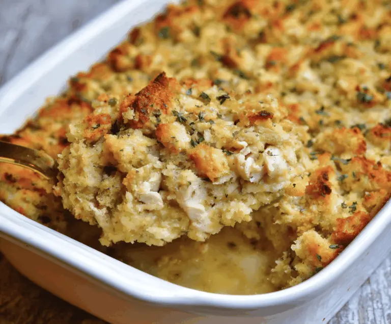Delicious Chicken and Stuffing Bake topped with golden-brown crust, served on a white plate with fresh herbs, perfect for a comforting family meal.