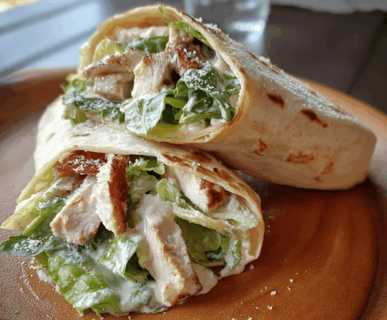 Delicious Chicken Caesar Wrap with grilled chicken, romaine lettuce, Parmesan cheese, and Caesar dressing wrapped in a flour tortilla, ready to eat.