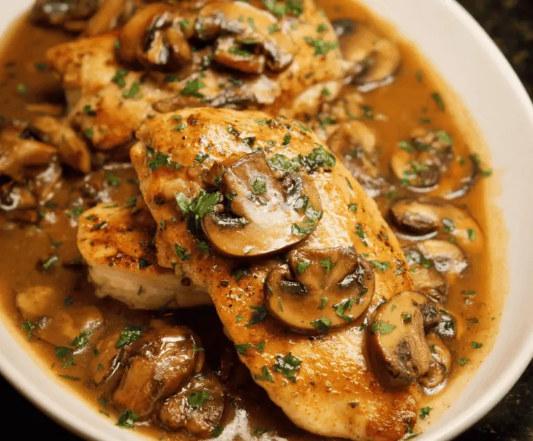 Savory Chicken Marsala with mushrooms and garlic served on a white plate, garnished with fresh herbs
