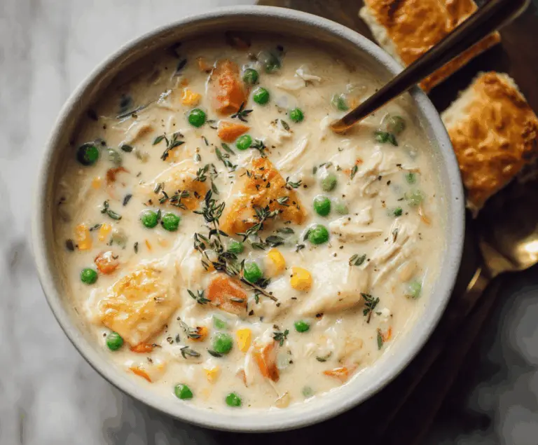 Creamy chicken pot pie soup topped with flaky pastry crust and fresh herbs in a bowl