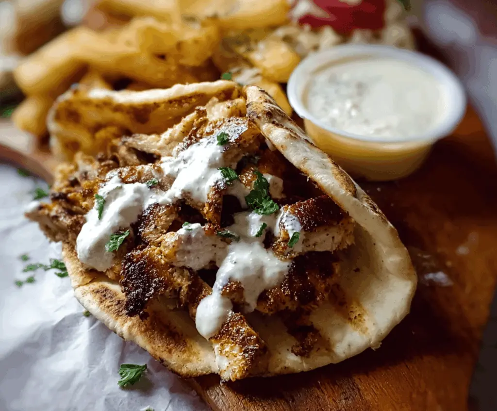 Juicy grilled chicken shawarma served with creamy garlic sauce and fresh vegetables on a plate
