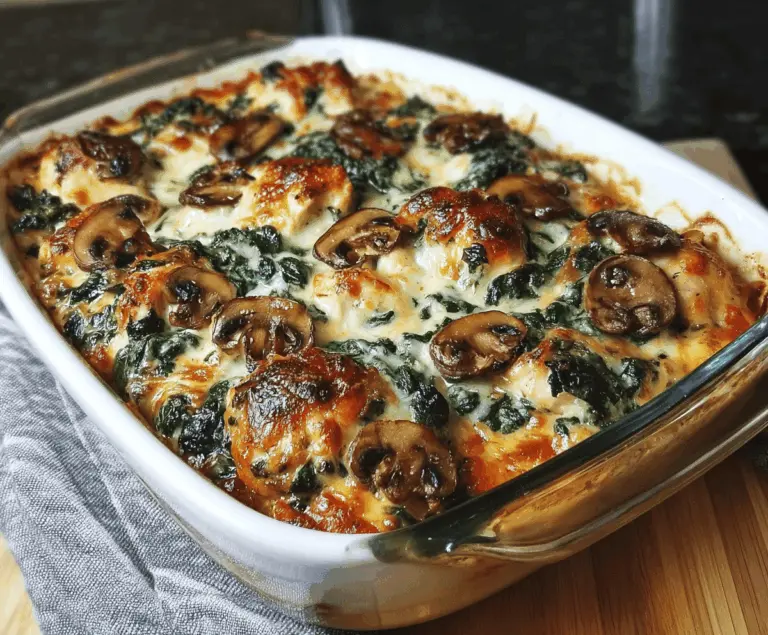 Delicious chicken, spinach, and mushroom low-carb baked dish ready to serve