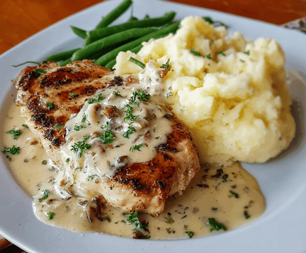 Juicy chicken breast topped with creamy Dijon sauce served alongside fluffy mashed potatoes on a dinner plate