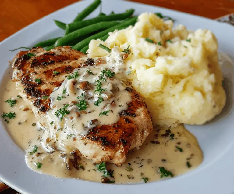 Juicy chicken breast topped with creamy Dijon sauce served alongside fluffy mashed potatoes on a dinner plate