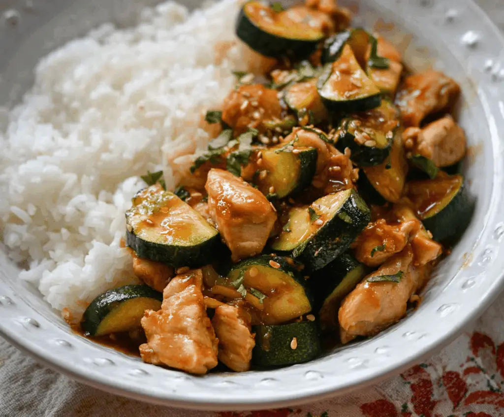Colorful Chicken Zucchini Stir Fry with fresh vegetables and tender sliced chicken in a savory sauce, perfect for a healthy and quick meal.