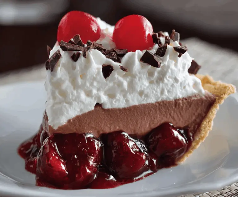Delicious Chocolate Cherry Cream Pie topped with whipped cream and fresh cherries on a rustic wooden table.