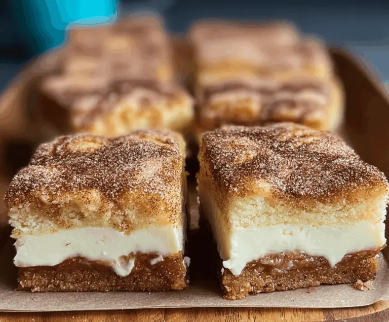 Creamy cinnamon churro cheesecake bars with a golden crust and cinnamon sugar topping on a white plate.