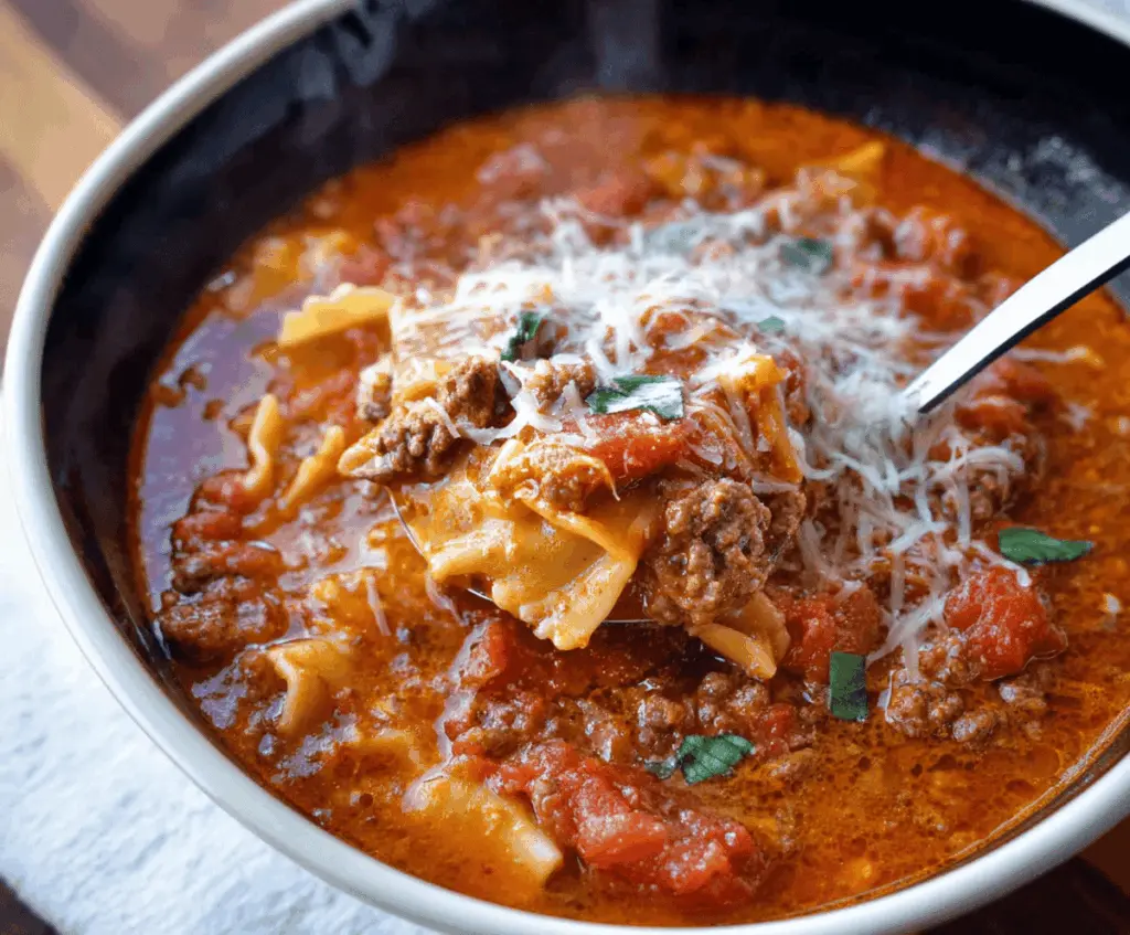 A bowl of Classic Lasagna Soup topped with melted cheese, fresh basil, and pasta, showcasing a hearty and flavorful Italian-inspired dish.