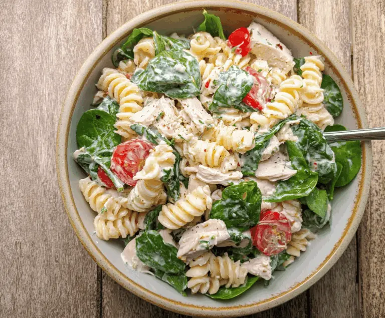 Cold Chicken Spinach Pasta Salad with grilled chicken, fresh spinach, cherry tomatoes, and pasta, served in a light dressing