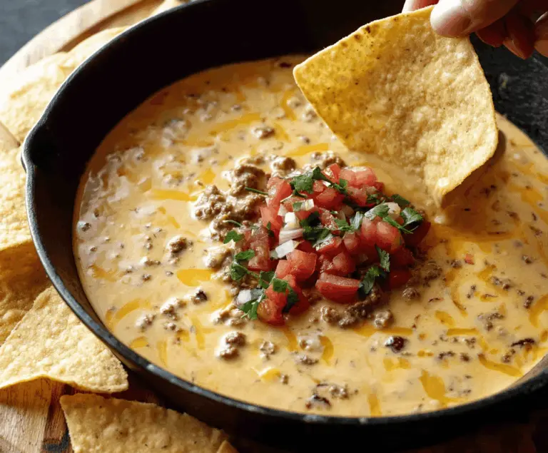 Creamy cowboy queso dip with melted cheese, ground beef, jalapeños, and crispy tortilla chips, perfect for sharing at parties and gatherings.