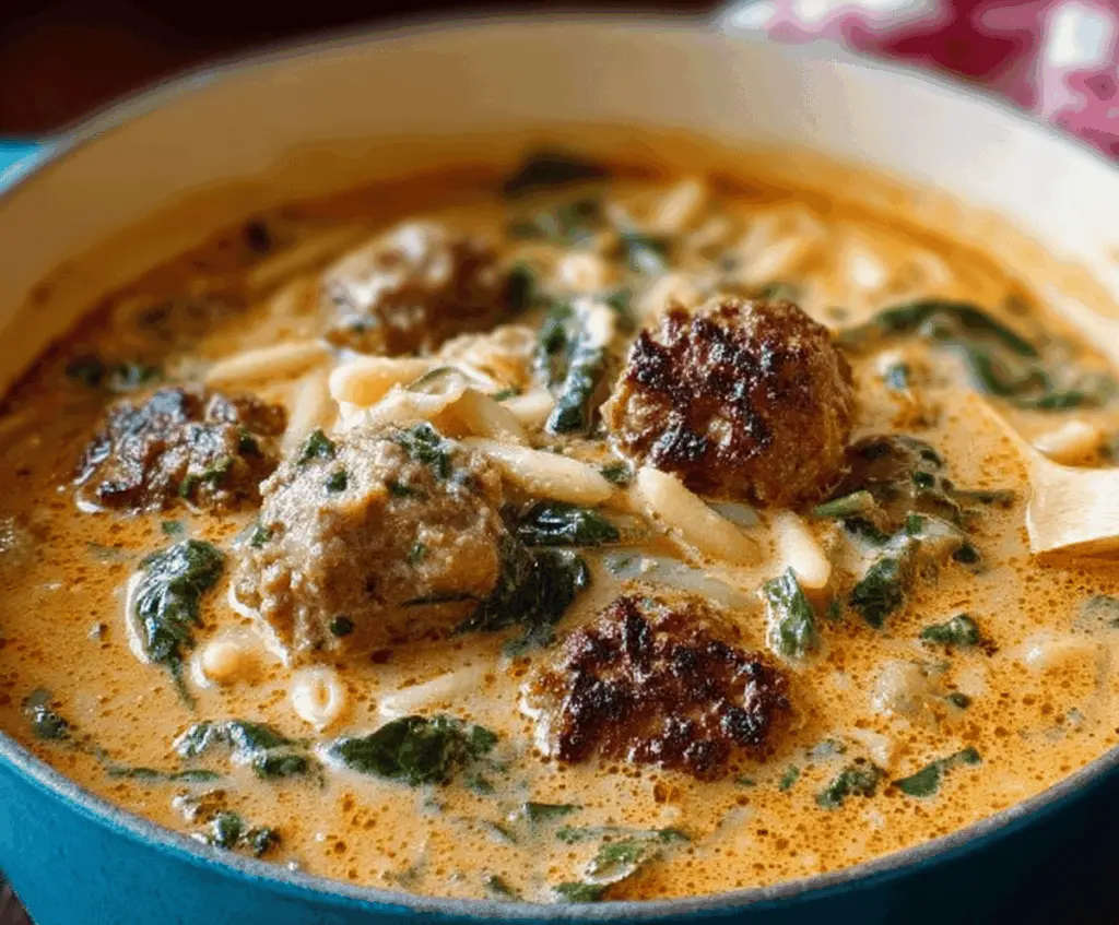 Creamy Italian Meatball Soup with meatballs, spinach, and melted cheese in a bowl, served hot with fresh herbs