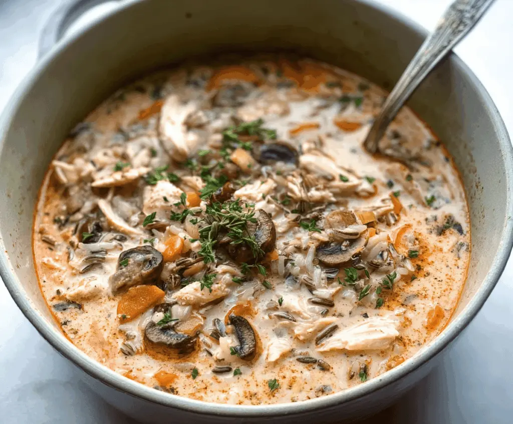 Creamy mushroom chicken and wild rice soup in a bowl garnished with herbs, showcasing a hearty and comforting meal