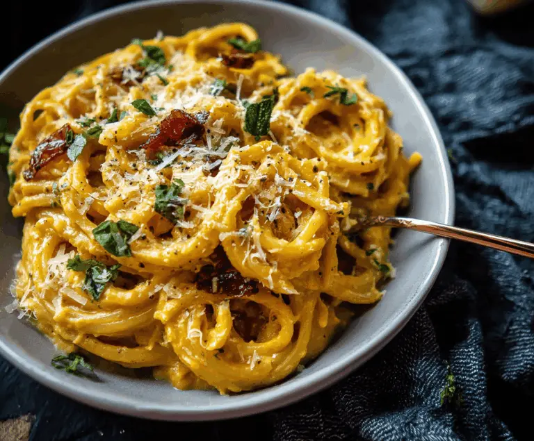 Creamy roasted garlic butternut squash pasta served in a bowl, garnished with fresh herbs and grated cheese, perfect for a comforting vegetarian meal