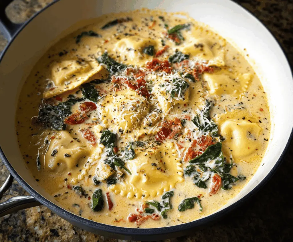 Creamy Tuscan Ravioli Soup in a bowl with spinach, sun-dried tomatoes, and grated Parmesan cheese on top