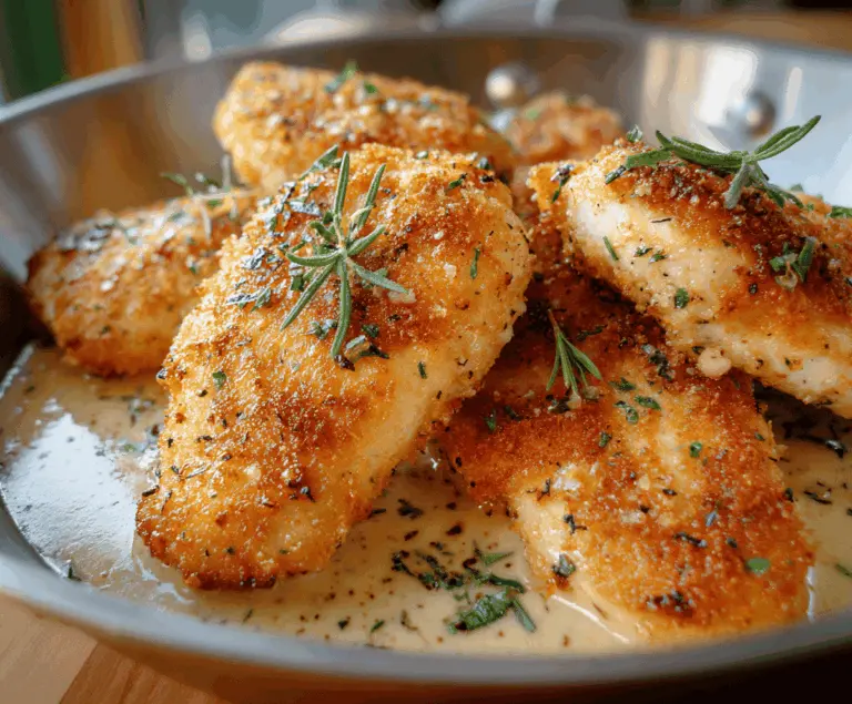 Golden crispy Parmesan chicken served on a white plate, garnished with fresh herbs and a side of vegetables.