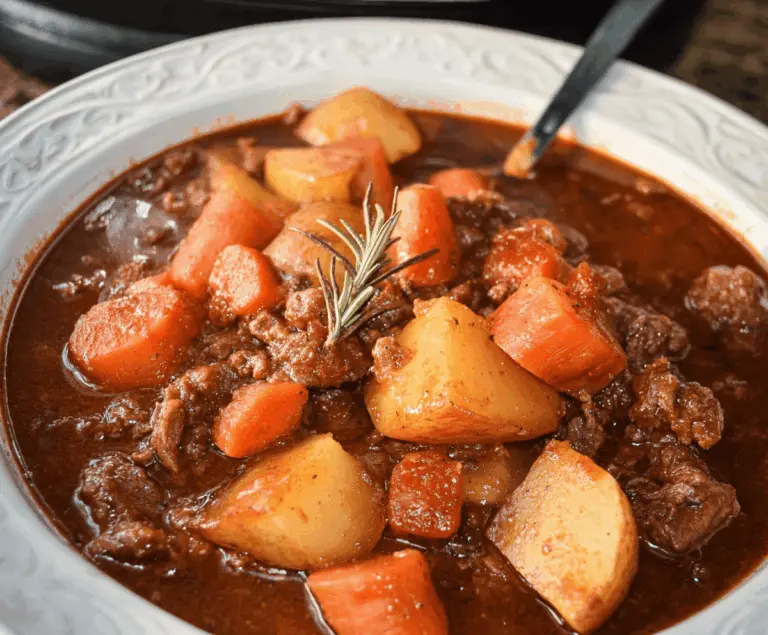 Hearty Crock Pot Poor Man's Stew with tender beef, vegetables, and savory broth served in a rustic bowl