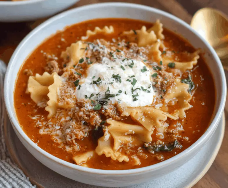 Delicious dairy-free lasagna soup in a bowl topped with fresh basil and melted dairy-free cheese, perfect for a comforting and allergy-friendly meal