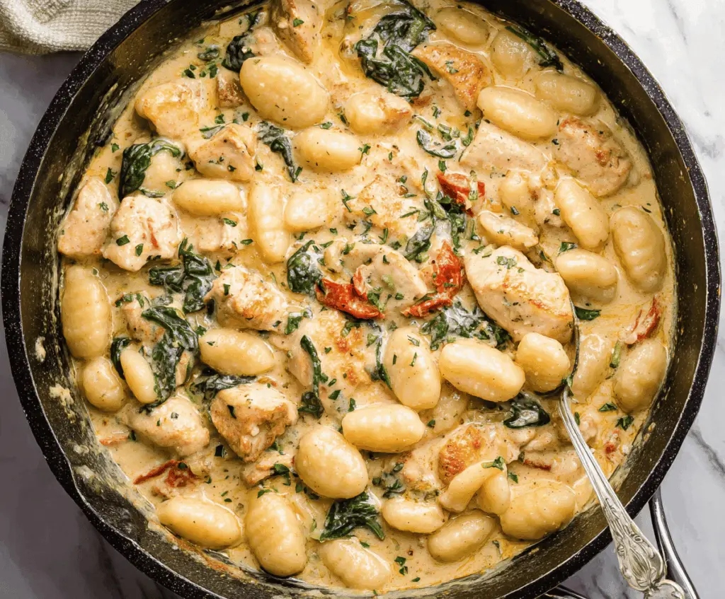 Delicious garlic chicken gnocchi skillet with sautéed chicken, golden gnocchi, fresh herbs, and creamy sauce in a skillet