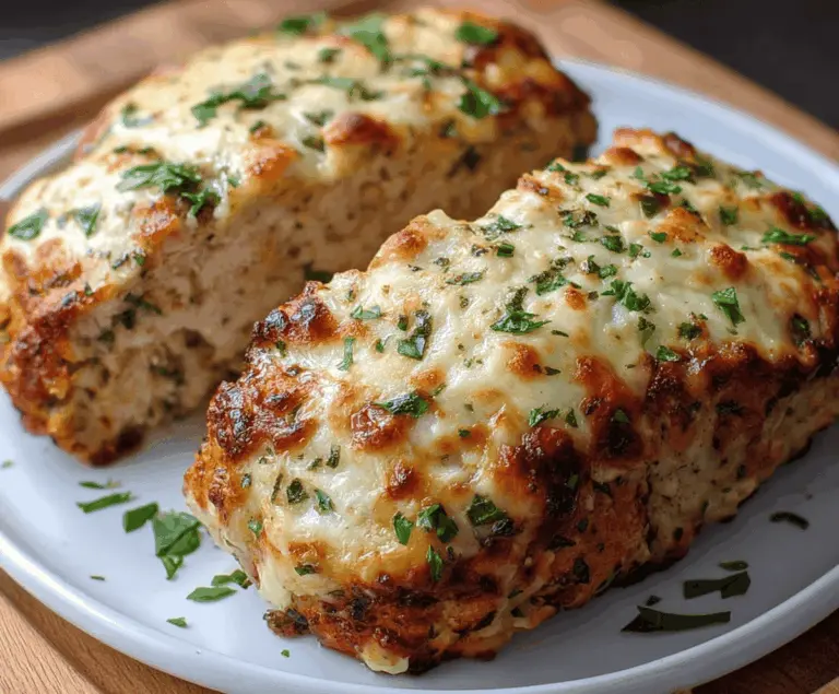 Juicy garlic Parmesan chicken meatloaf garnished with fresh herbs on a white plate, served with side vegetables.