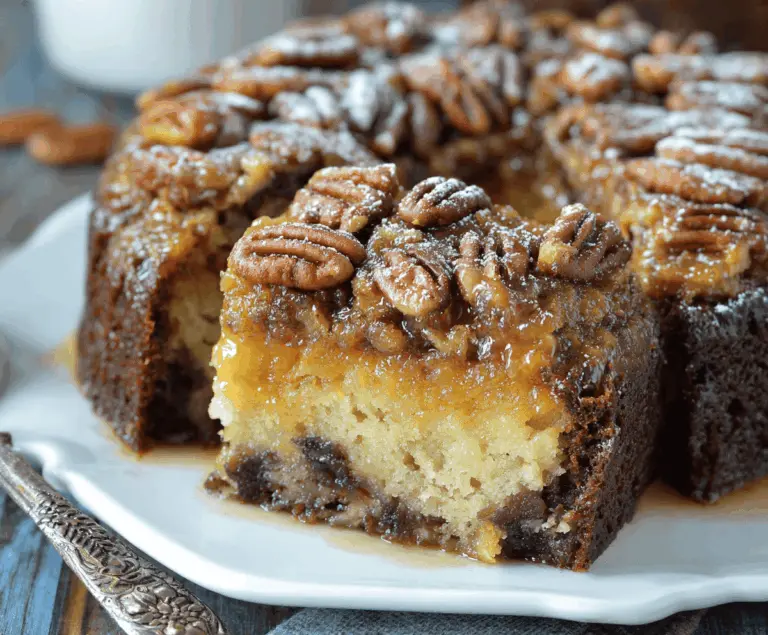 Delicious Gooey Butter Pecan Cake topped with toasted pecans and creamy butter glaze, perfect for dessert or special occasions.
