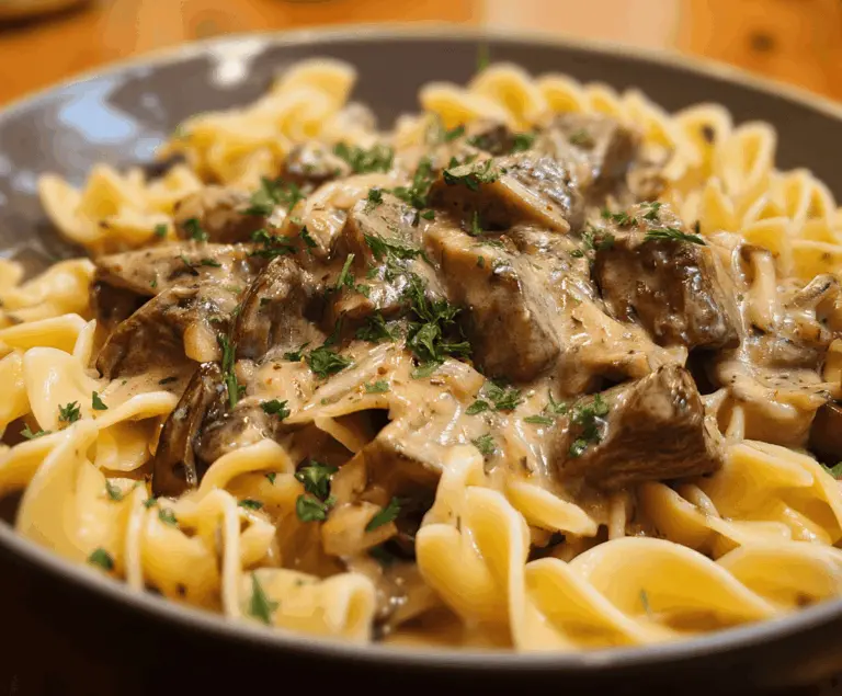 Delicious Gordon Ramsay Beef Stroganoff served over creamy mashed potatoes with fresh herbs and sautéed mushrooms.