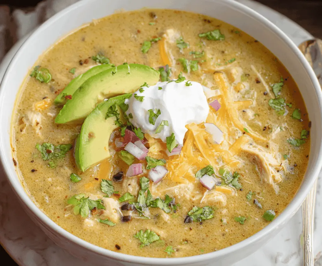 Creamy Green Enchilada Chicken Soup in a bowl with fresh cilantro and shredded cheese, perfect for a comforting and flavorful meal