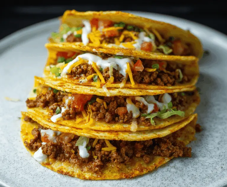 Delicious ground beef baked tacos topped with shredded cheese and fresh cilantro on a plate, perfect for a savory Mexican-inspired meal.