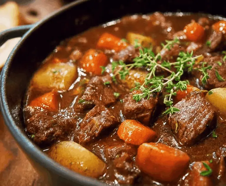 Hearty Guinness Irish Beef Stew in a bowl with tender beef chunks, vegetables, and fresh herbs, served alongside crusty bread on a rustic wooden table.