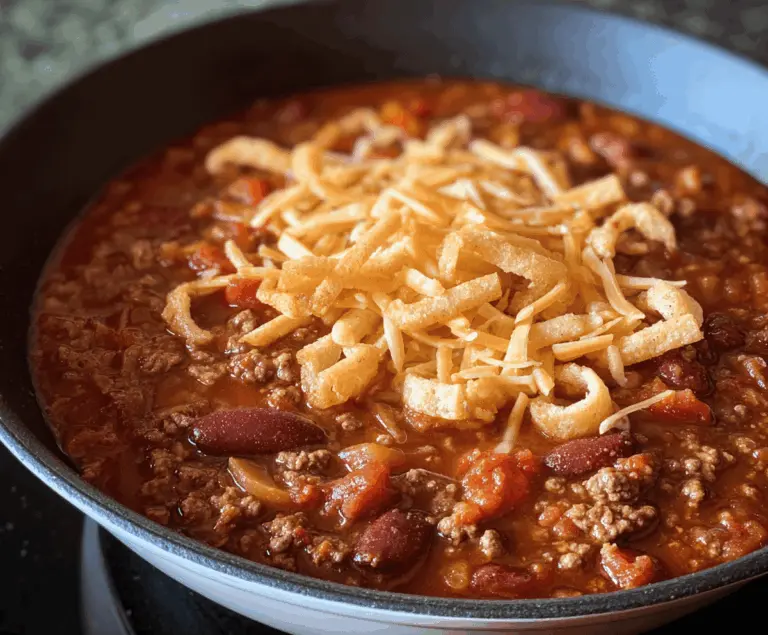 Spicy Hillbilly Chili in a rustic bowl with diced tomatoes, beans, and melted cheese, served with cornbread on a wooden table