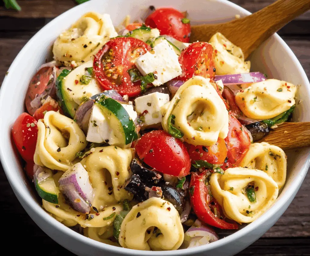 Colorful Italian Tortellini Pasta Salad with fresh vegetables, herbs, and a tangy dressing, perfect for summer gatherings